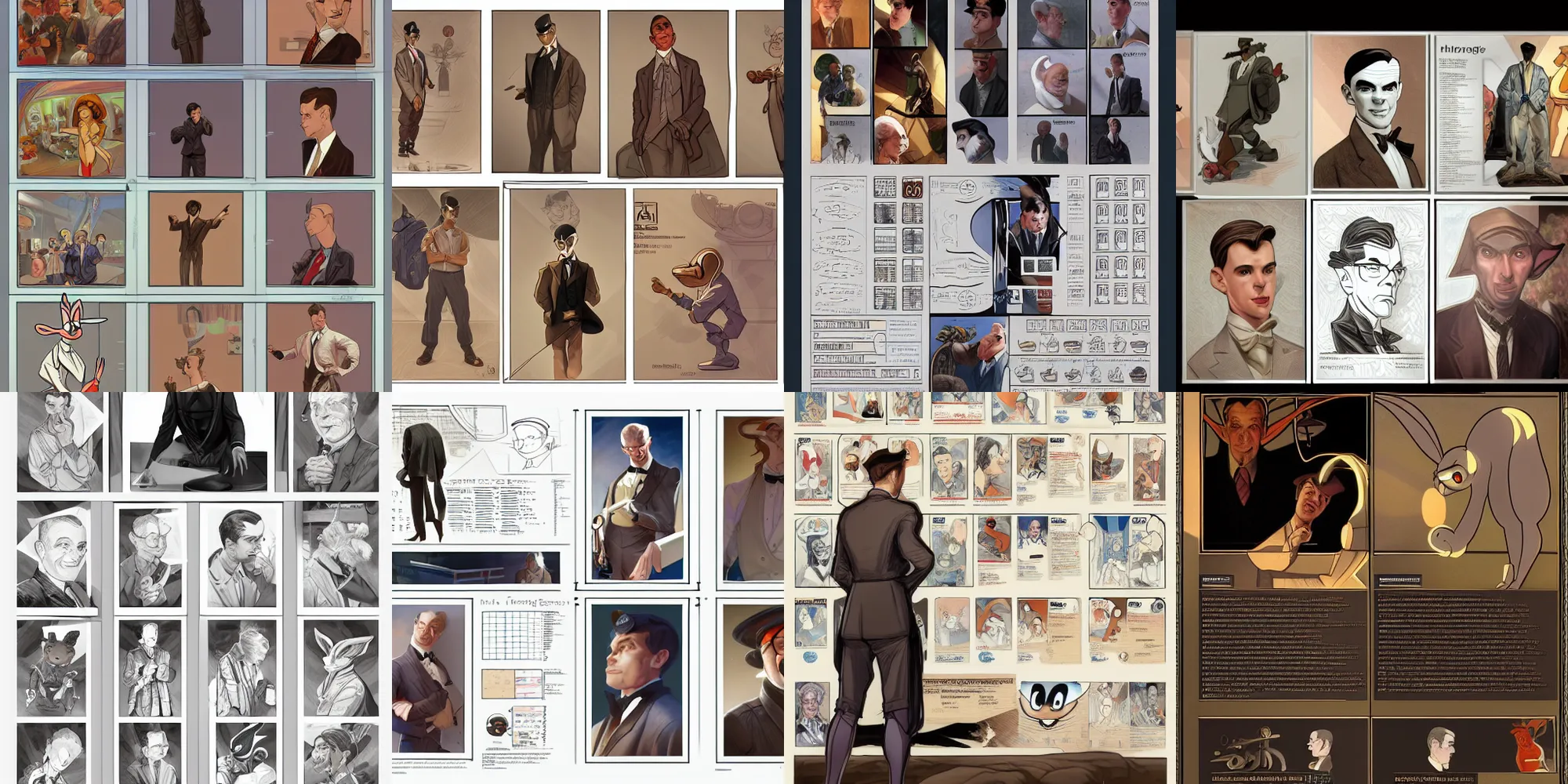 Prompt: alan turing meeting bugs bunny, character sheet, character design, contrast, deep focus, turnaround, highly detailed, dramatic lighting, artstation, concept art, matte, sharp focus, illustration, elegant, art by artgerm and greg f and alphonse mucha.