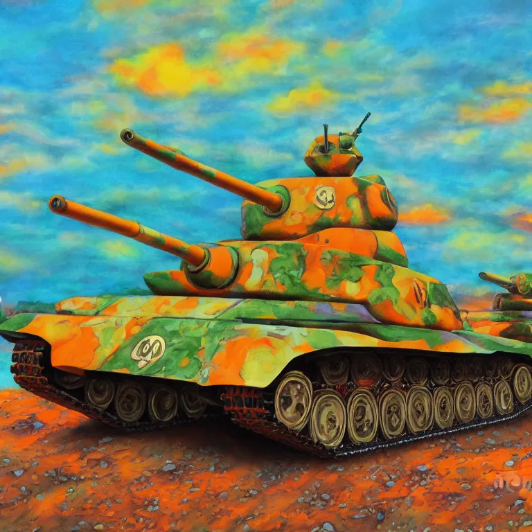 Image similar to panzer tank on peaches, psychedelic oil painting