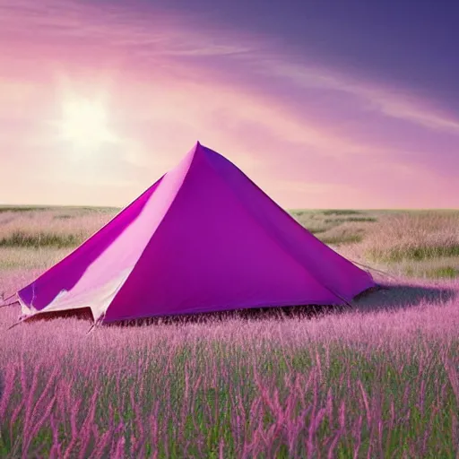 Prompt: a ultra high definition pastel coloured photograph from a holiday photo album. 5 0 mm lens, depicting a pale pink tent pitched and lit fire in a vast pastel pink field made of pastel pink grass blades in an alien world, pale pink grass, pale pink sky. no artefacts. highly detailed. no green colour. the tent is glowing dimly from the inside.