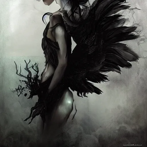 Prompt: 3 d rendered digital art by bastien lecouffe deharme of a eldritch fallen angel, black spidery mist, billowing shadows and black feathers, black halo nimbus, devils horns, dante's inferno, 8 k dop dof