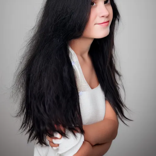 Image similar to young woman with long messy black hair, slightly smiling, 1 3 5 mm nikon portrait