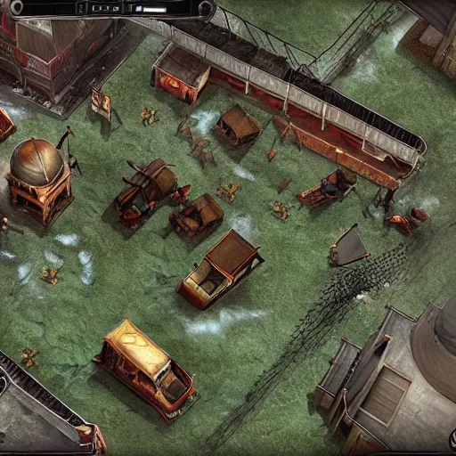 Image similar to screenshot of a beautiful rts game silent hill, overhead view, clear focus