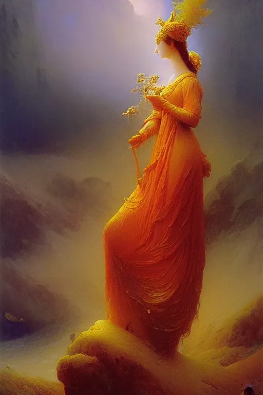 Prompt: illustration of a beautiful fungal priestess, hyperrealistic art by Ivan Aivazovsky