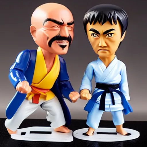 Image similar to dr. phil fighting bruce lee pvc figures, ultra smug faces, karate movie, action fx