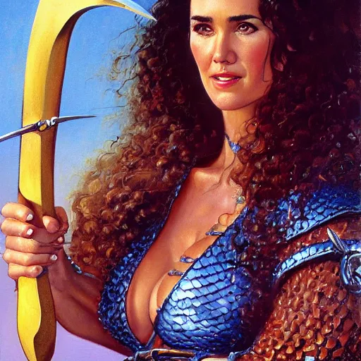 Prompt: A painting of Jennifer Connelly wearing a chainmail bikini and holding a sword ,by by Boris Vallejo , Julie Bell , Brom , Frank Frazetta ,Jeff Easley, cinematic, Norman Rockwell ,trending on artstation , rule of thirds ,HD 4k , focus face , body