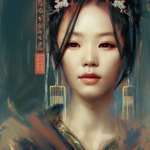 Prompt: Portrait of beautiful Chinese maiden, digital art by Ruan Jia, highly detailed, trending on artstation, award winning,