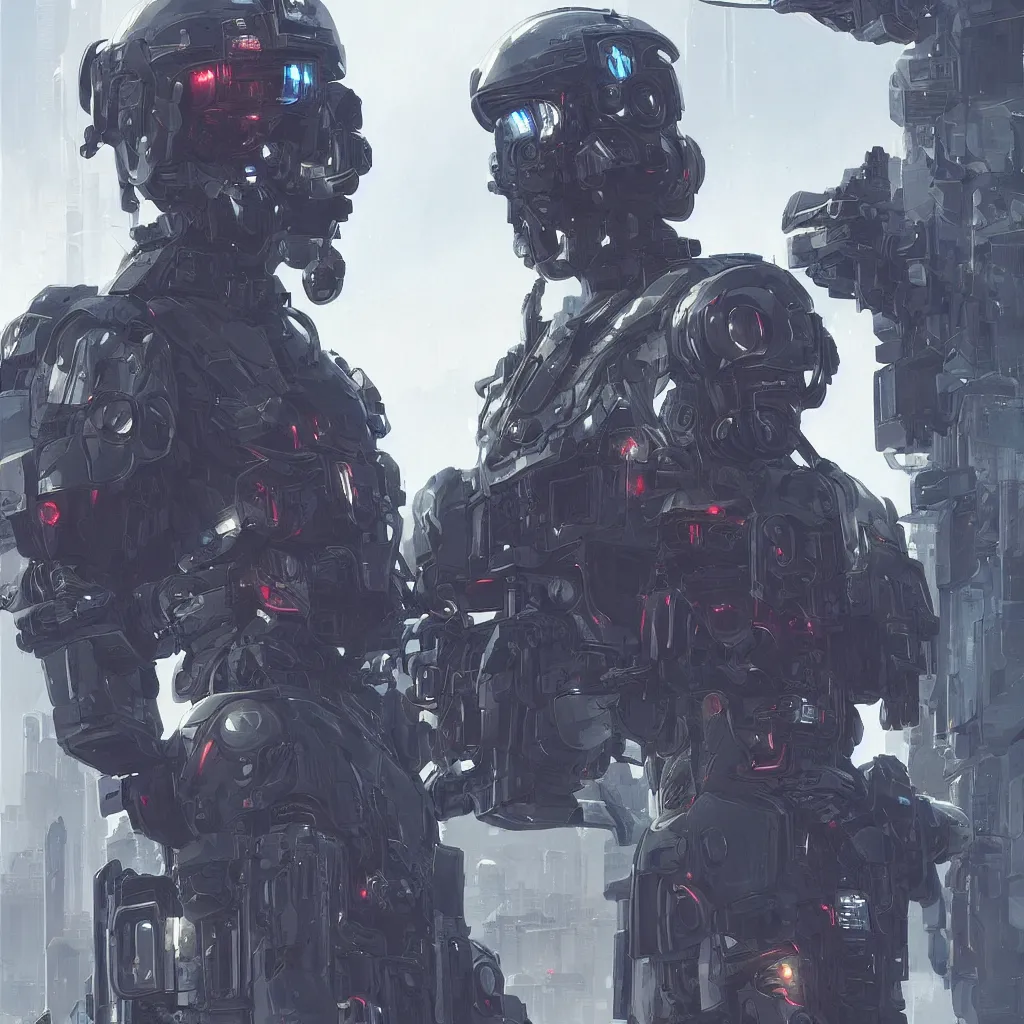 Prompt: portrait of a cyberpunk special forces with power infantry armor, high detail, by Makoto Shinkai and Raphael Lacoste, trending on artstation
