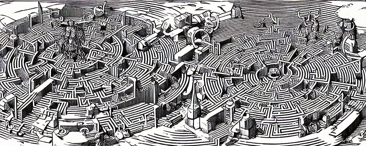 Image similar to isometric view of a highly detailed cnc mill woodcut of a hyperdimensional labyrinth maze with a steampunk minotaur in the center