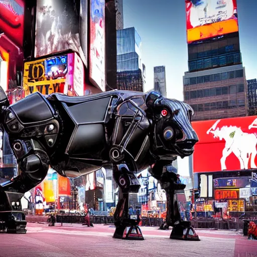 Prompt: Cybernetic robot bull in a times square, post apocalyptic scene 4K hyper realistic –W 1280 –s 50 –n 4 –i