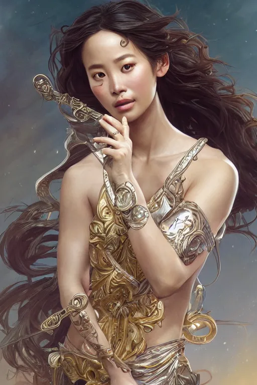 Image similar to ultra realistic illustration, a stunningly beautiful greek goddess of chaos played by jamie chung, intricate, elegant, highly detailed, digital painting, artstation, concept art, smooth, sharp focus, illustration, art by artgerm and greg rutkowski and alphonse mucha