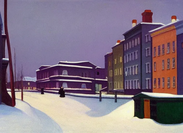 Prompt: a peaceful view of a helsinki on a winter evening, snowfall, cold color scheme, painting by edward hopper