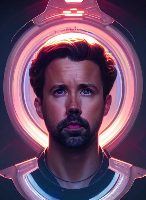 Image similar to symmetry! portrait of rob mcelhenney, sci - fi, tech wear, glowing lights!! intricate, elegant, highly detailed, digital painting, artstation, concept art, smooth, sharp focus, illustration, art by artgerm and greg rutkowski and alphonse mucha