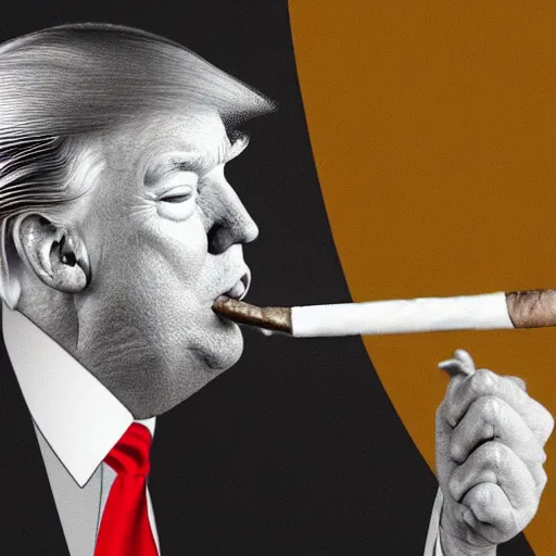 Image similar to a high quality photo of donald trump smoking a cigar, 3d scene, render, ultra realistic, artstation, cgsociety