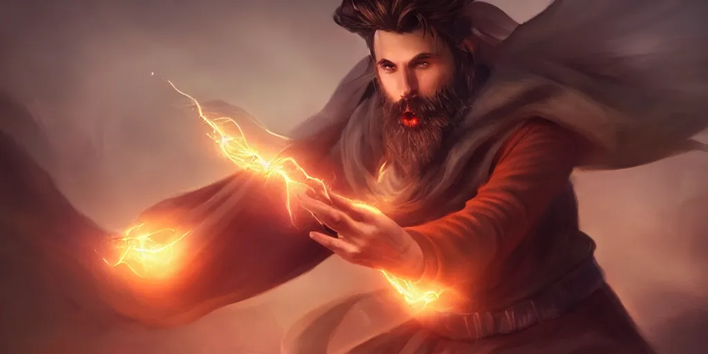 Image similar to a handsome brown hair bearded male sorcerer, he is casting a lighting spell, waist up, light rays, bloom, epic composition, dramatic lighting, concept art, cinematic, trending on artstation