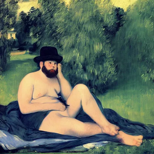 Prompt: my large son, outdoor scene, early night, oil painting, style of manet, hyperrealistic