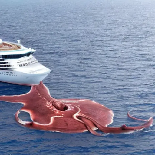 Image similar to A giant squid destroying a cruise ship in the middle of the ocean,