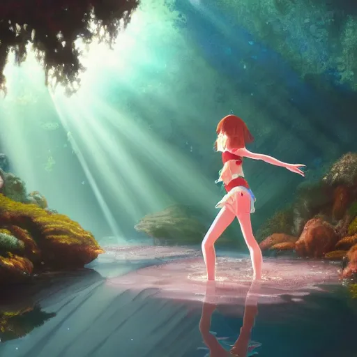 Image similar to young girl dancing underwater in redwood forest with dinosaurs, light rays through water, sharp focus, studio ghibli, Hayao Miyazaki, oil painting, artbook, Makoto Shinkai, Highly Detailed, Cinematic Lighting, 8k, HD