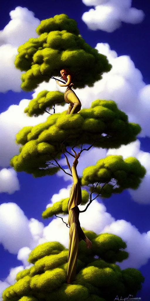 Image similar to a thin tree that reaches the clouds, low angle, ant perspective, fantasy digital painting by artgerm and leyendecker, surreal, photorealistic