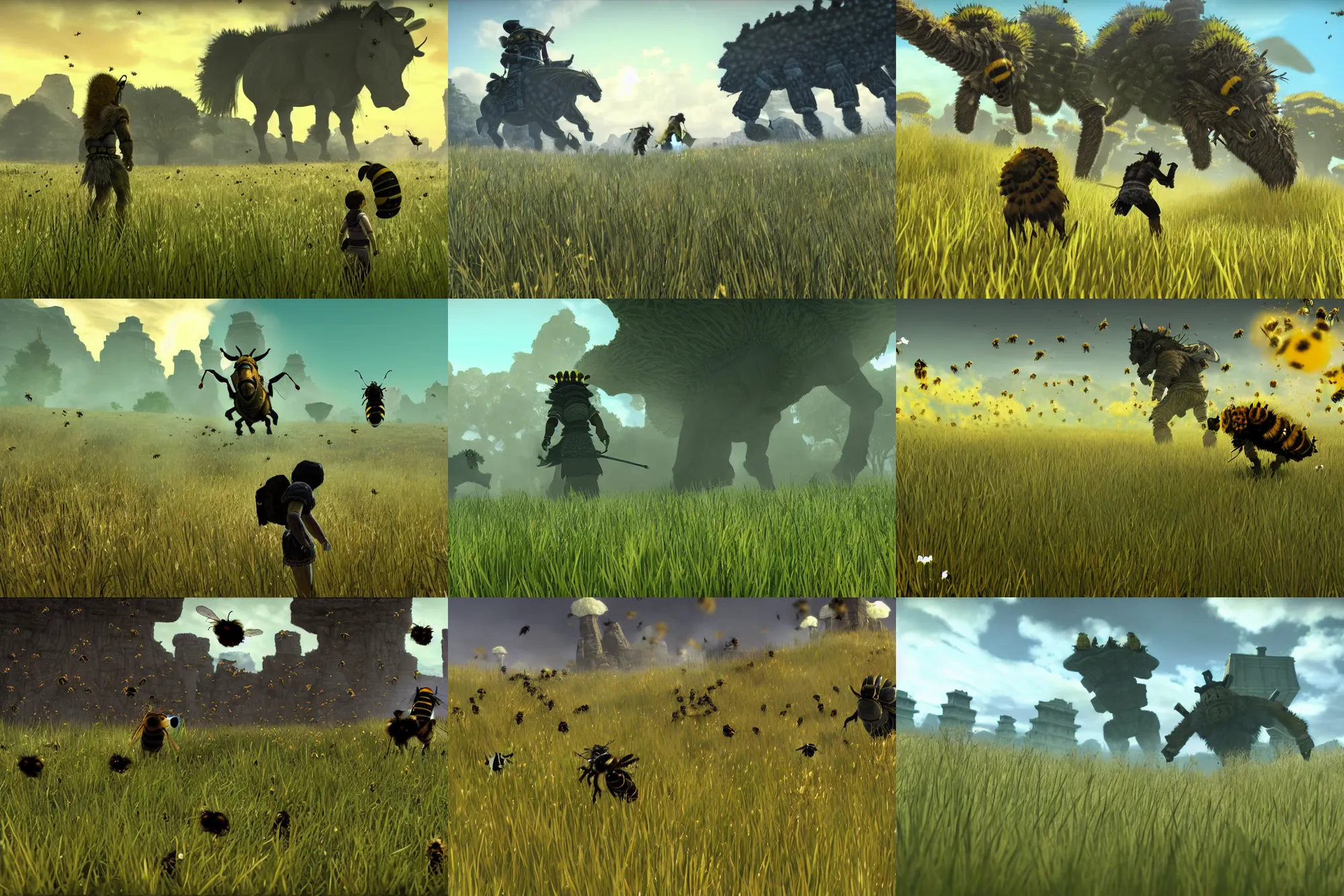 Prompt: grasslands screenshot, shadow of the colossus covered in bees, bees covering