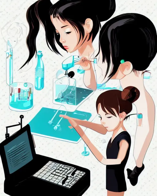 Image similar to a little girl in science lab experiment test tube microscope map. clean cel shaded vector art. minimalist illustration art by lois van baarle, artgerm, helen huang by makoto shinkai and ilya kuvshinov, rossdraws