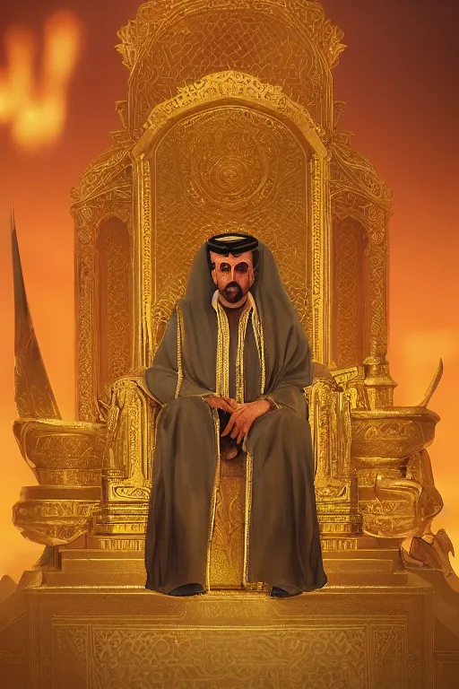 Prompt: portrait, Sultan of arabia on his golden throne, dynamic lighting, volumetric, bokeh, cinematic, establishing shot, extremly high detail, photo realistic, cinematic lighting, post processed, concept art, artstation, matte painting, style by eddie mendoza, raphael lacoste, alex ross