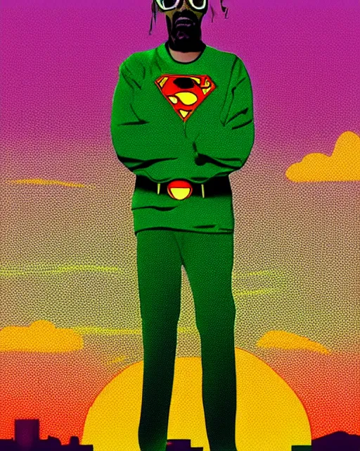 Image similar to pop art, snoop Dogg dressed as a green Superman with a marijuana logo, Long Beach background, sunset