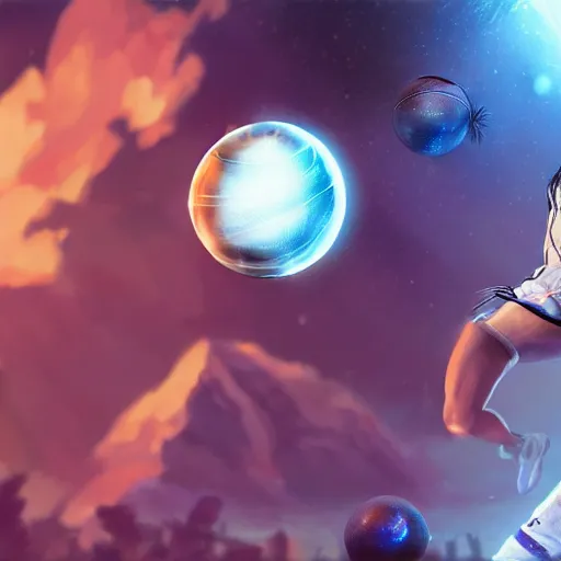 Prompt: a basketball player goddess rolling a planet on finger in space, highly detailed, digital painting, artstation, octane render, concept art, matte, sharp focus, hearthstone, illustration