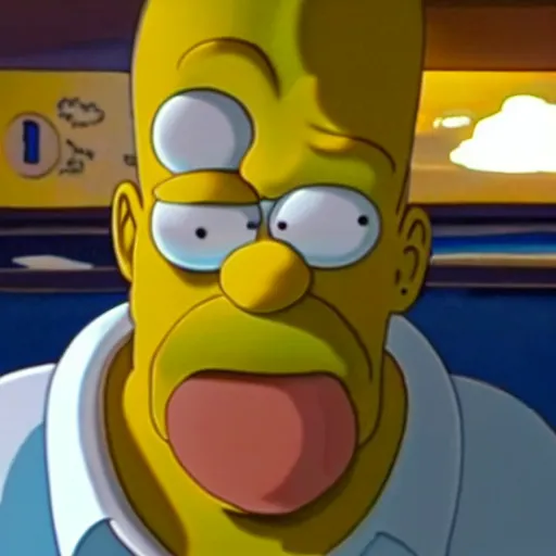 Image similar to Movie still of a 100% accurate photo realistic depiction of homer Simpson, highly detailed