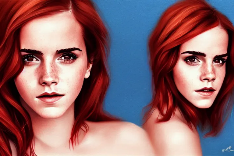 Image similar to Red-haired beauty Emma Watson in a bikini, highly detailed, mid-shot ,pixiv , digital painting , concept art