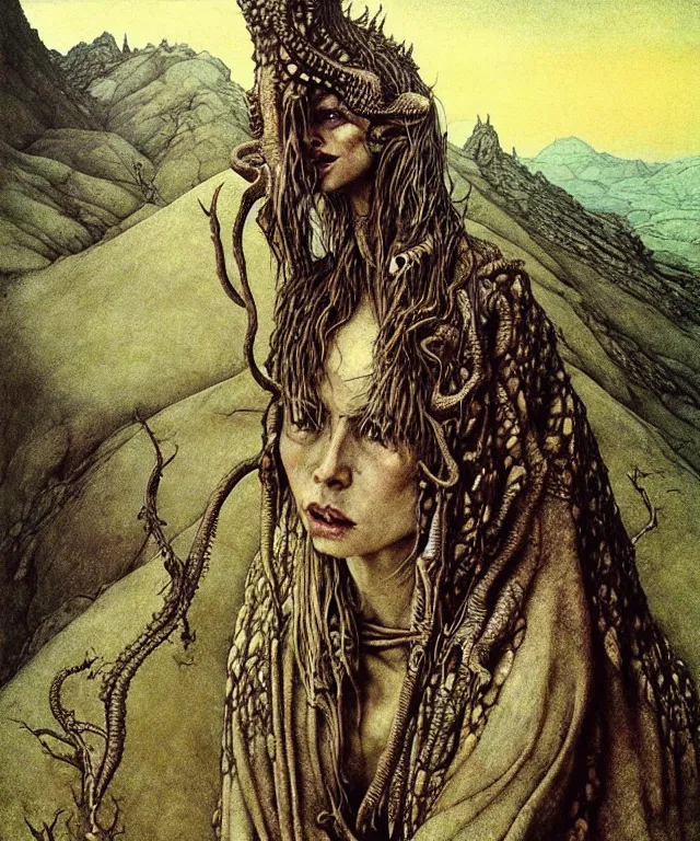 Prompt: A detailed horned snakewoman stands among the hills. Wearing a ripped mantle, robe. Perfect faces, extremely high details, realistic, fantasy art, solo, masterpiece, art by Zdzisław Beksiński, Arthur Rackham, Dariusz Zawadzki