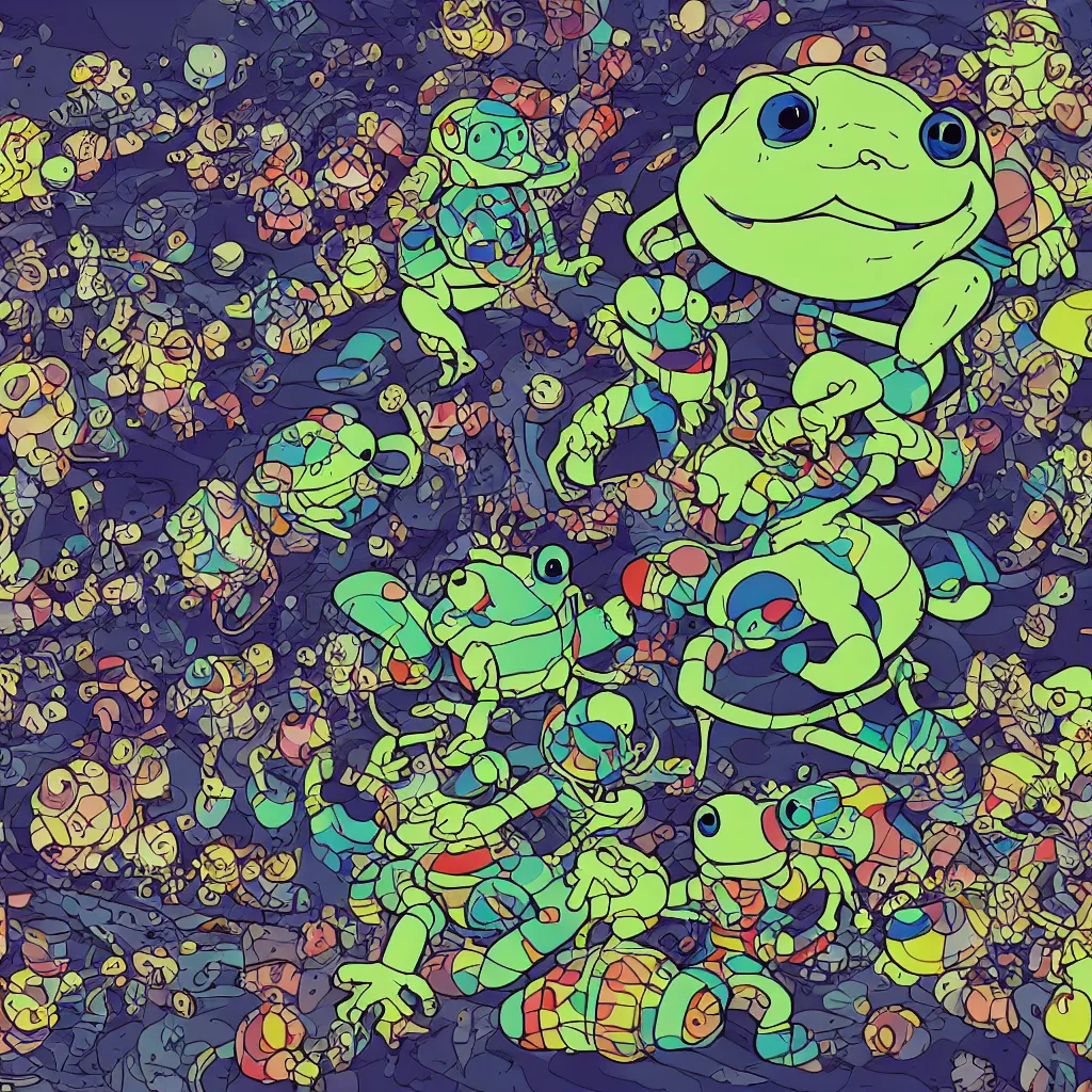 Image similar to toads, deconstructed amphibian, ryuta ueda artwork, breakcore, style of jet set radio, y 2 k, gloom, space, cel - shaded art style, indigo rainbow, data, minimal, takashi murakami artwork, code, cybernetic, dark, eerie, cyber