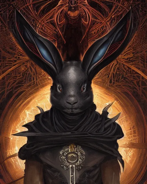 Image similar to Black rabbit monk, centered, portrait, symmetrical, Path of Exile, Diablo, Warhammer, digital painting, highly detailed, concept art, Nekro, Peter Mohrbacher, Alphonse Mucha, Brian Froud, Yoshitaka Amano, Kim Keever, Victo Ngai, James Jean