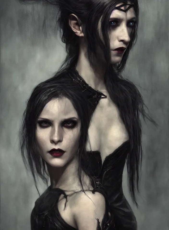 Prompt: a half portrait of a young female vampire sorceress wearing a black leather dress from skyrim, fantasy setting, beautiful face, dark colors, scary lighting, atmospheric, cinematic, moody, in the style of diego koi, gina heyer, luiz escanuela, art by alyssa monk, hyperrealism, rule of thirds, golden ratio, oil on canvas, 8 k