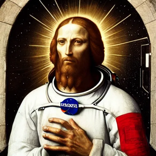 Prompt: photo - realism, space astronaut opening door that shows space and time like jesus christ portrait created by leonardo davinci with extra detail, epic, perfection.