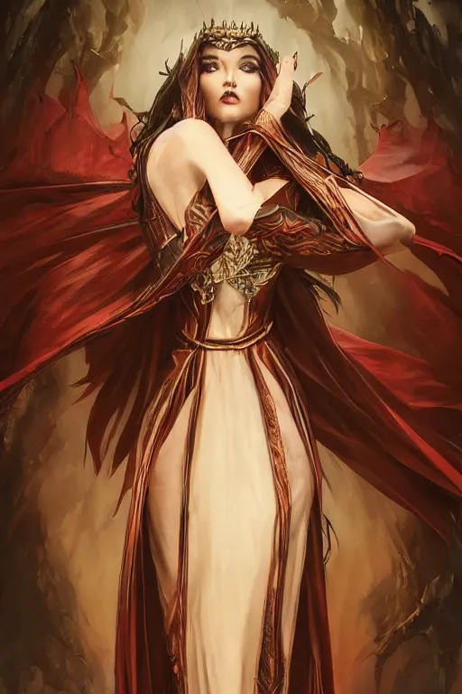 Prompt: beautiful vampire female queen, full body shot, ascending form the sky, hands reaching for her, d & d, fantasy, intricate, elegant, highly detailed, digital painting, artstation, concept art, matte, sharp focus, illustration, hearthstone, art by artgerm and greg rutkowski and alphonse mucha