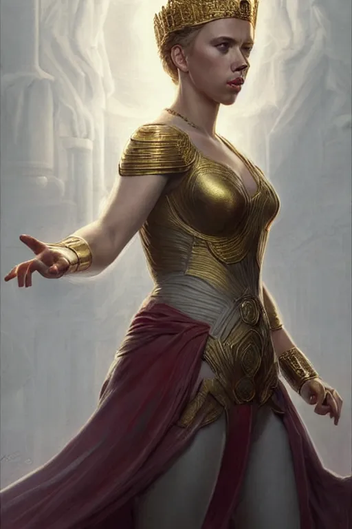 Image similar to Scarlett Johansson as the Queen of Greece, anatomy, only two hands, highly detailed, digital painting, artstation, concept art, smooth, sharp focus, illustration, Unreal Engine 5, 8K, art by art by artgerm and greg rutkowski and edgar maxence