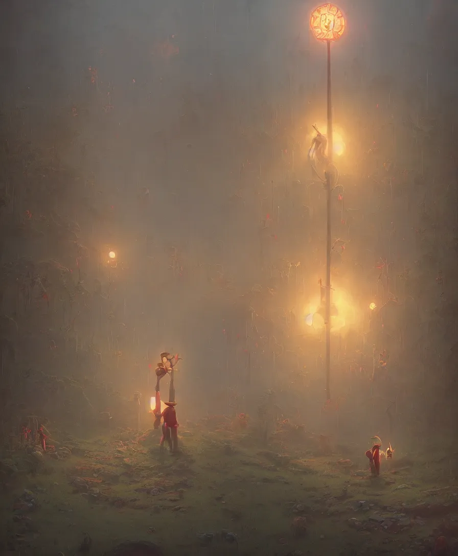 Image similar to clown afterlife, illustrated by Simon Stålenhag and Gaston Bussiere, 35mm lens, beautiful volumetric lighting style atmosphere, intricate, ultra detailed, photorealistic, trending on artstation 8k