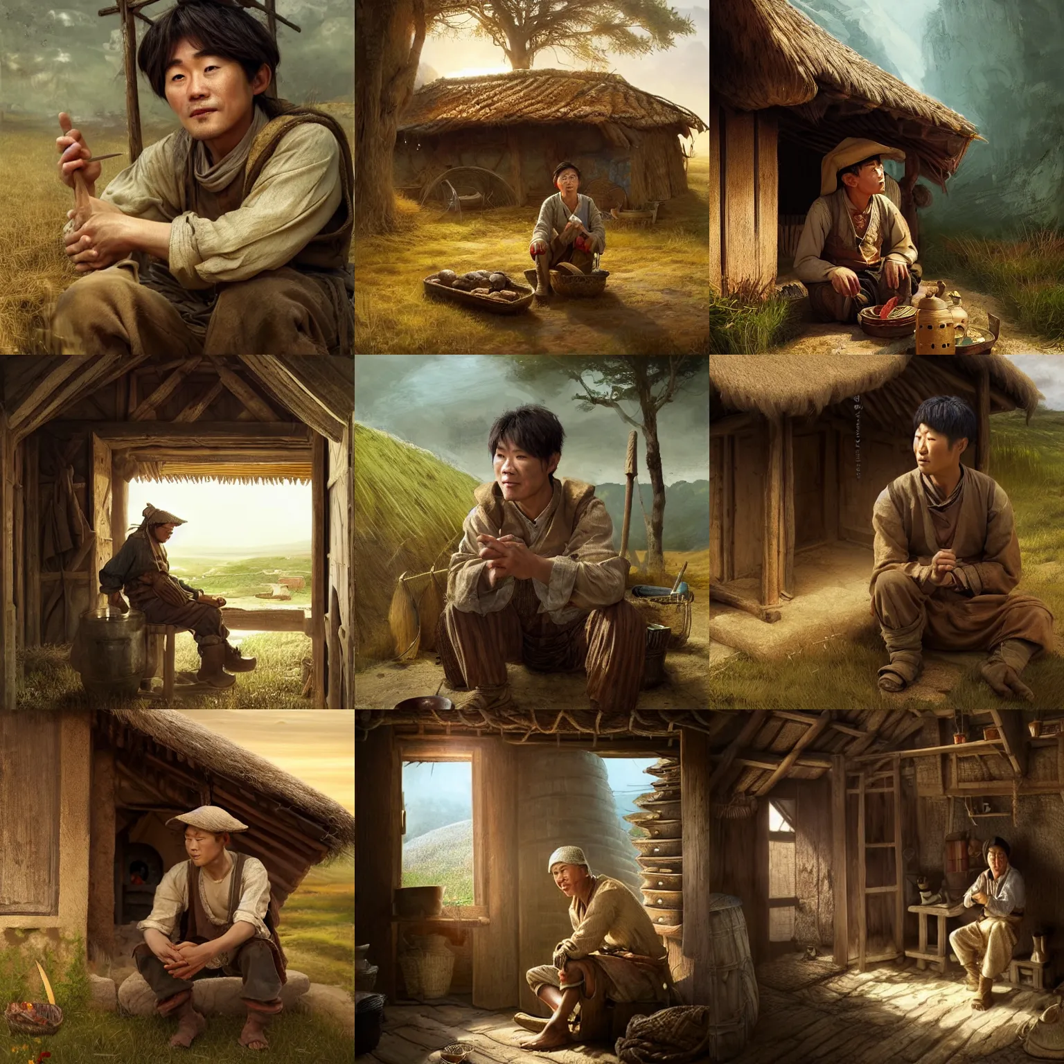 Prompt: a intelligent, cunning, playful peasant man, wholooks similar to Kim Sang-Joong, sits in a peasant hut. High detail, photorealistic, cinematic lighting, brown tones, atmospheric, fantasy concept art by Artur Mósca, Craig Wylie, Daniel Gerhartz