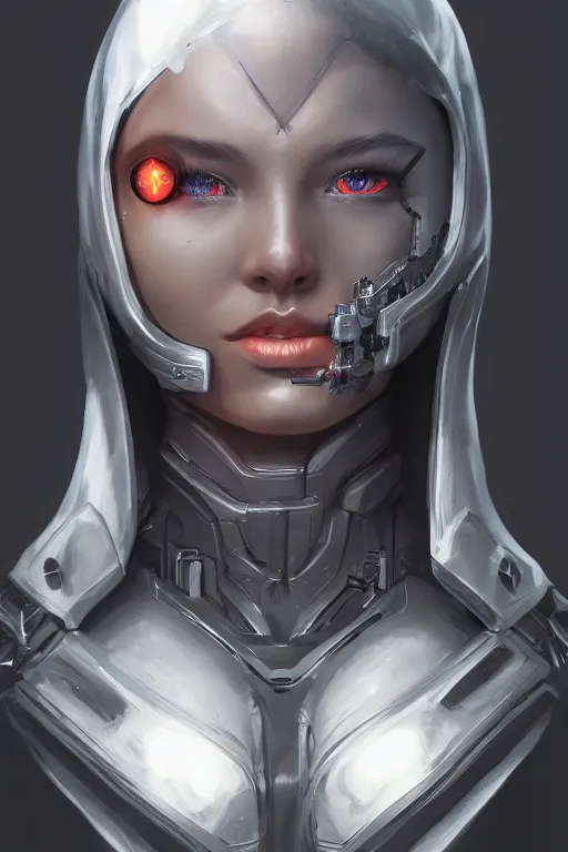 Prompt: a portrait of a faceless cyborg with a hood and mechanical part by Mars Chris and Artgerm, highly detailed, trending on artstation