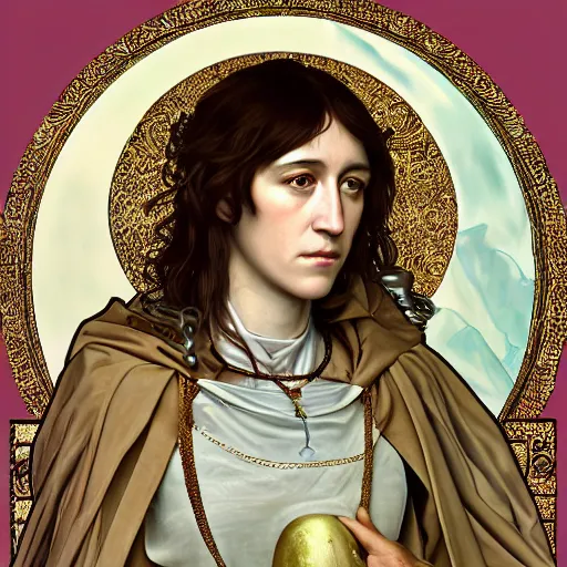 Image similar to portrait of charlotte gainsbourg as joan of arc, hyperreal digital painting, iconography influenced by alphonse mucha and eugene delacroix, arstation and deviantart trends, high resolution 8 k