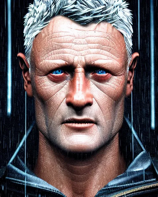 Prompt: a close up portrait of roy batty from blade runner, rainy streets in the background, digital art by joseph karl stieler and ross tran, highly detailed, octane render, trending on artstationhq