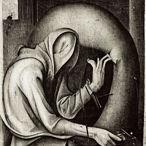 Prompt: a painter at his easel crying in despair, Hieronymous Bosch