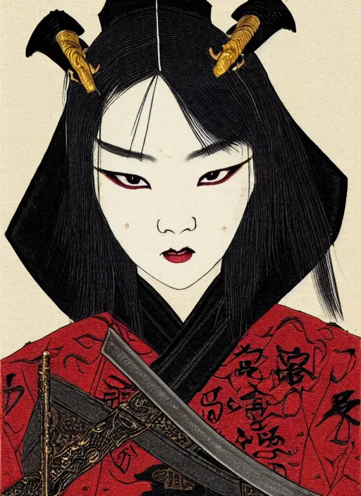 Image similar to full portrait of female vampire jinyiwei wearing black heavy armor and pointed helmet, agile, absurdly beautiful, facial scar, imposing, jinyiwei, embroidered uniform guard, secret agent, detective, chinese armor, historical armor, pointed helmet, katana, nodachi, japanese sword, ming dynasty, detailed, realistic face, anatomically accurate, fantasy art.