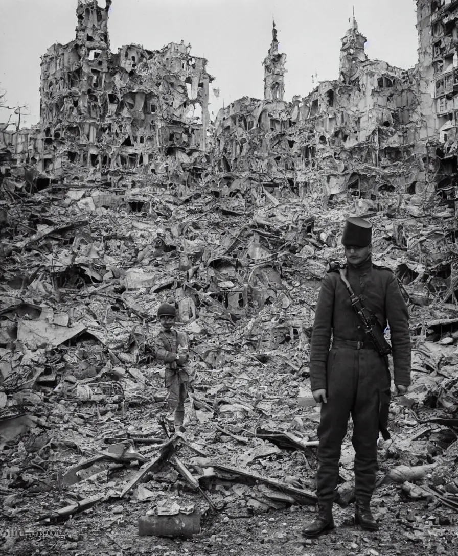 Image similar to Photograph of a soldier in the battle of Kiev standing in font of bombed out buildings. It is twilight and rockets are flying overhead. The year is 2023.