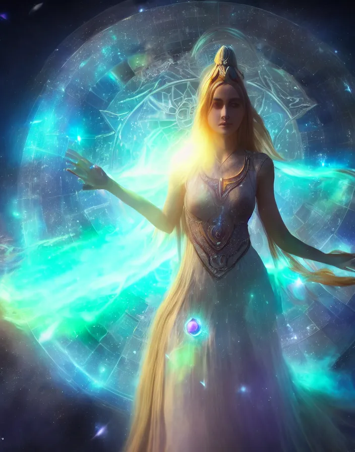 Prompt: goddess of magic and galaxy cosmos with long hair, mirrors, glass, magic circle, magic doorway, fantasy, cosmos, beautiful, mist, bio - luminescence, hyperrealistic 4 k, unreal engine, high detail