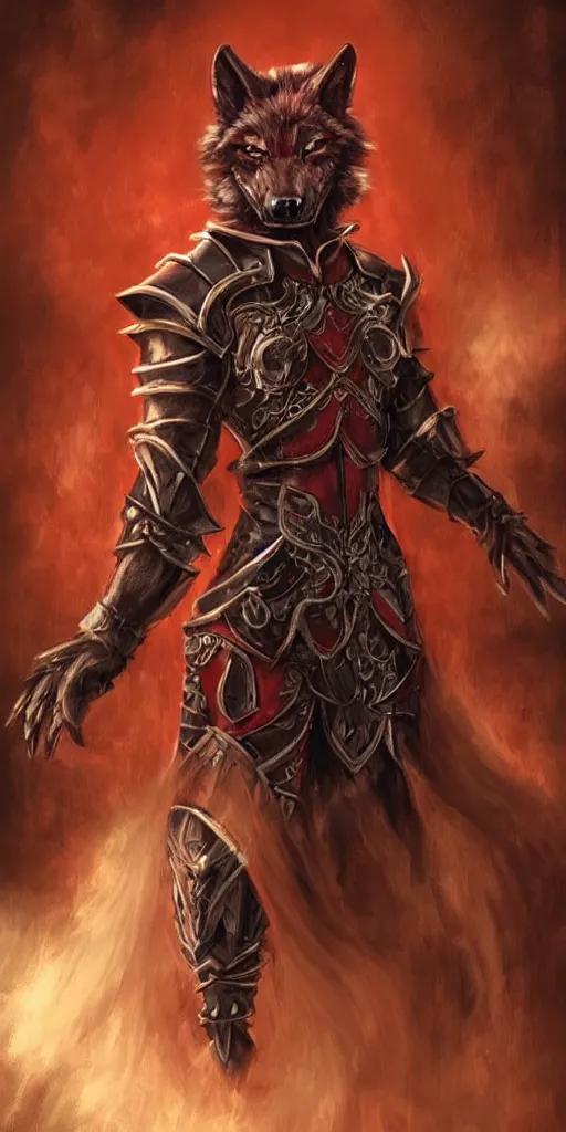 Image similar to beautiful, highly detailed, anthropomorphic elegant crimson wolf knight furry in armor, magic the gathering