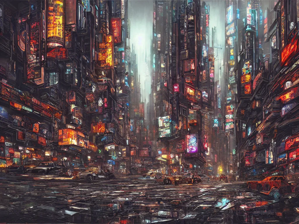 Prompt: hyperreaslitc and beautiful painting of a rushing and flowing heart of the city, gritty, smooth, fine detail, intricate, cyberpunk style, by hugh ferris and john smith