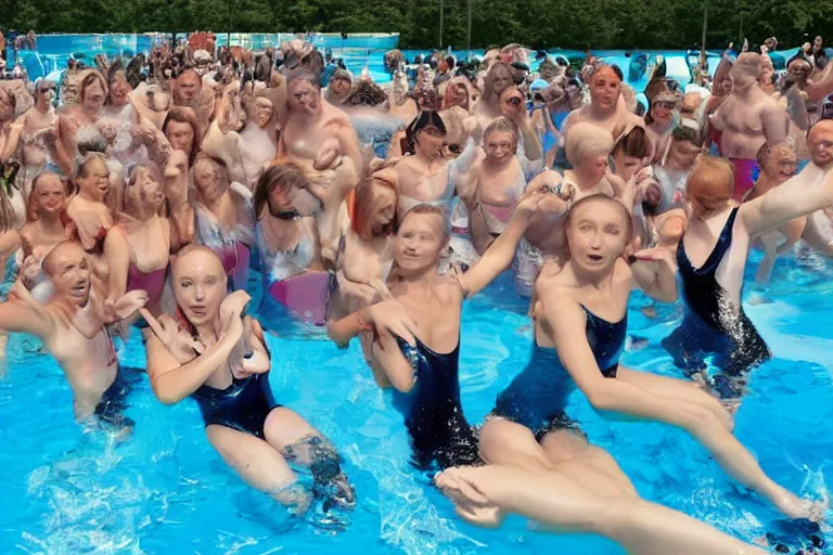 Image similar to Putin and girls at aquatic disco, hyper realistic photo, highly detailed