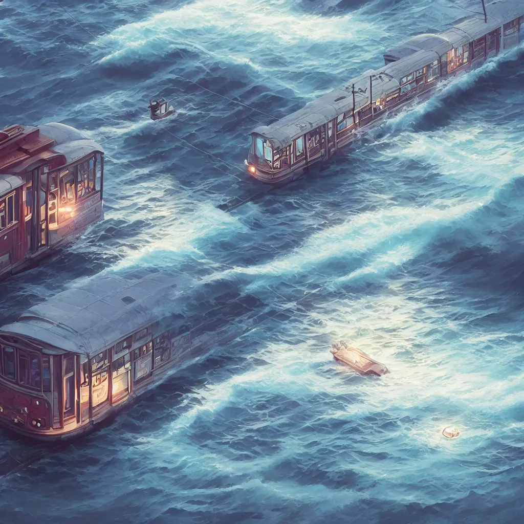 Image similar to a streetcar is running on the sea, unreal engine, fantasy art by greg, loish, rhads, ferdinand knab, makoto shinkai and lois van baarle, ilya kuvshinov, rossdraws, tom bagshaw, night lighting, trending onstudio ghibli, highly detailed, octane render, 8 k