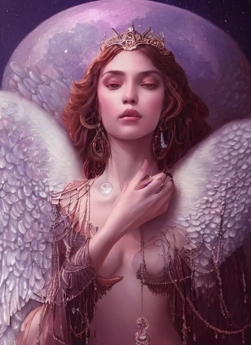 Image similar to A beautiful digital painting of a female angel full of jewels, princess, the moon behind her, intricate, cinematic lighting, highly detailed, digital painting, Artstation, concept art, smooth, sharp focus, illustration, art by Tom Bagshaw, Artgerm and Greg Rutkowski